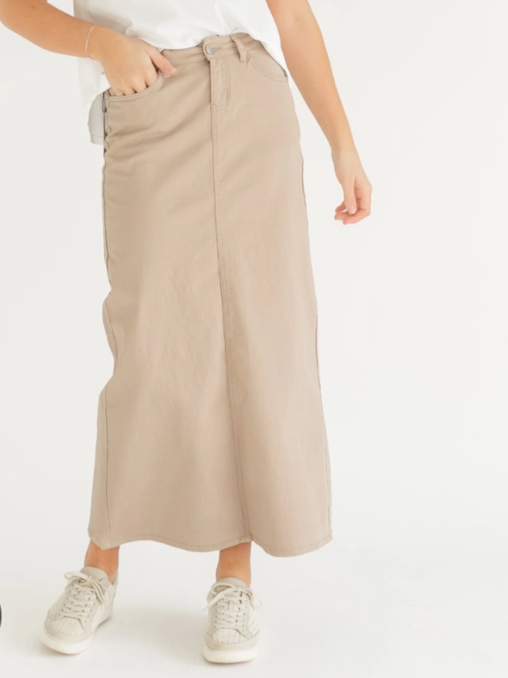 Inherit Stella Khaki Stretch Denim Maxi Skirt Mid-rise Preppy Classic Modest